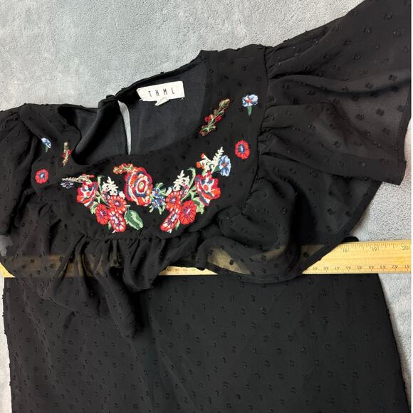 THML Charlotte Black Swiss Dot Embroidered Floral Ruffle Blouse Boho Medium - Picture 8 of 10